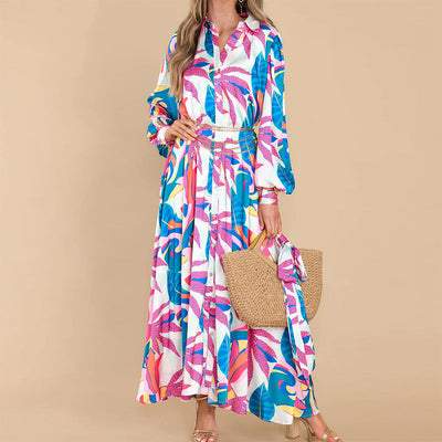 Printed Dresses Long-sleeved Polo Collar Oversized Hem Dresses Women