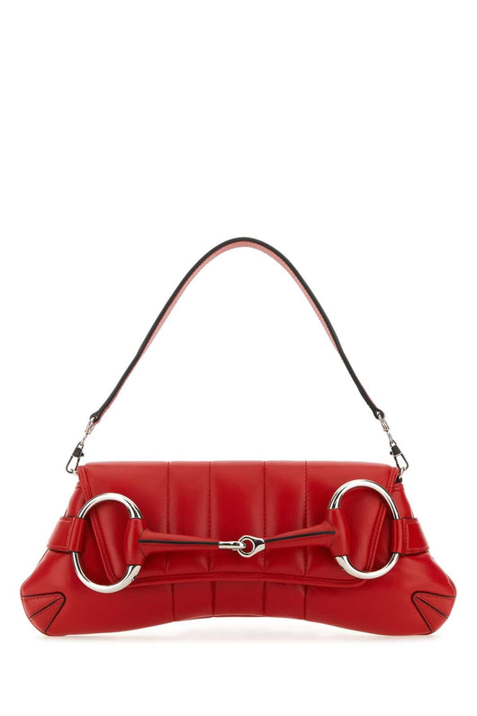 Gucci Women Red Leather Medium Gucci Horsebit Chain Clutch