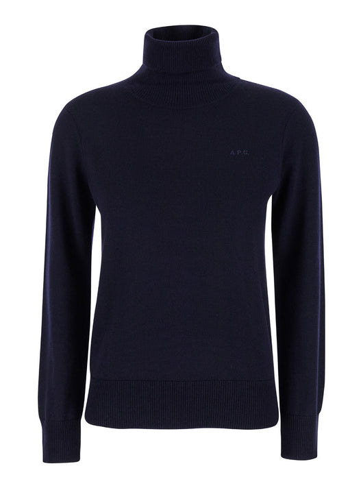 A.P.C. Women Blue High Neck Sweater With Logo Embroidery In Wool Woman