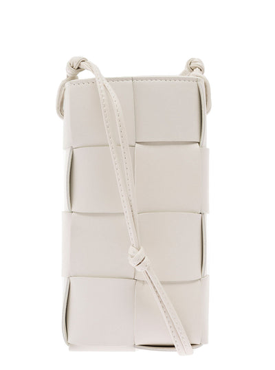Bottega Veneta Women 'Phone Pouch' White Shoulder Bag With Knot Details In Intreccio Nappa Leather Woman