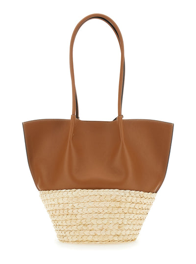 Tod's Women 'Bux' Brown Shopper With Logo Imprinted On The Front And Metal Logo Charm In Leather And Straw Woman