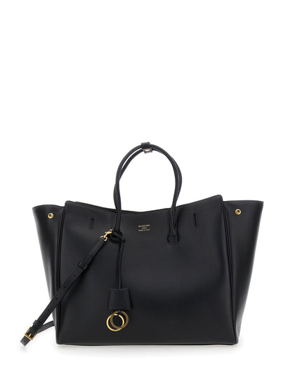 Balenciaga Women 'Hampton Medium' Black Handbag With Embossed Logo On The Front And Removable Key Ring In Leather Woman