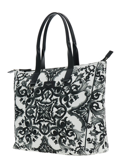 Dolce & Gabbana Men Black Tote Bag With Top Zip Closure And All-Over Print In Tech Fabric Man