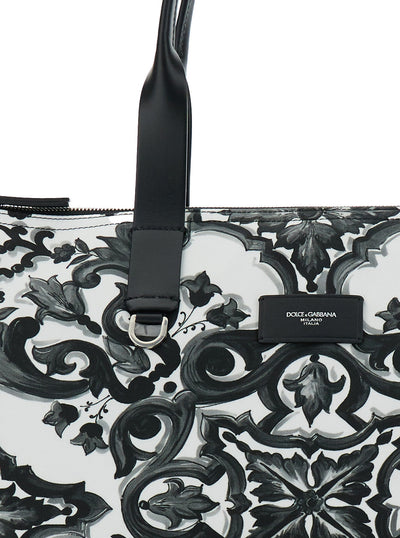 Dolce & Gabbana Men Black Tote Bag With Top Zip Closure And All-Over Print In Tech Fabric Man