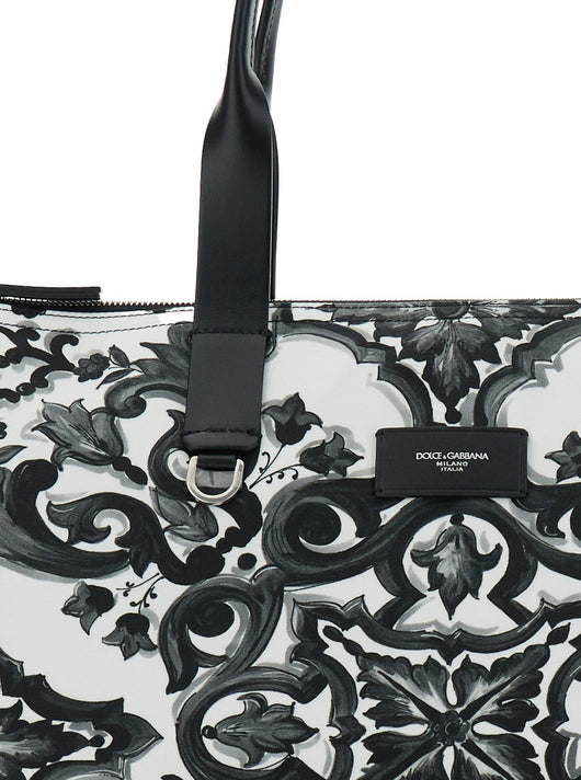 Dolce & Gabbana Men Black Tote Bag With Top Zip Closure And All-Over Print In Tech Fabric Man