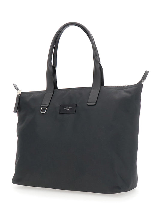 Dolce & Gabbana Men Grey Tote Bag With Two Top Handles And Logo Plaque On The Front In Tech Fabric Man