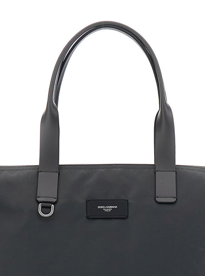 Dolce & Gabbana Men Grey Tote Bag With Two Top Handles And Logo Plaque On The Front In Tech Fabric Man