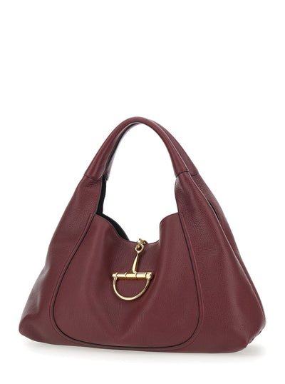 Gucci Women Bordeaux Shoulder Bag With Horsebit Closure In Grained Leather Woman
