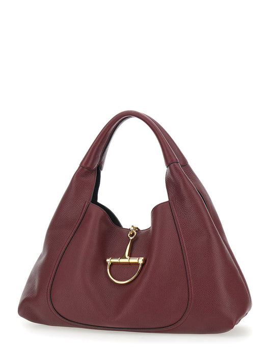 Gucci Women Bordeaux Shoulder Bag With Horsebit Closure In Grained Leather Woman