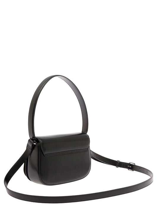 Diesel Women '1Dr' Black Shoulder Bag With Oval D Patch In Leather Woman