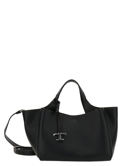 Tod's Women Black Handbag With Embossed Logo And T Timeless Charm In Grainy Leather Woman