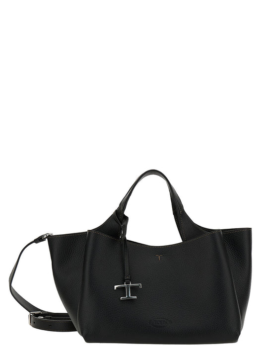 Tod's Women Black Handbag With Embossed Logo And T Timeless Charm In Grainy Leather Woman