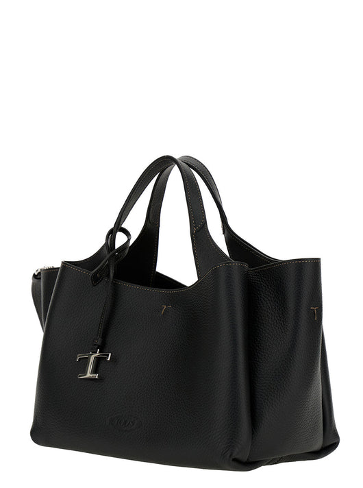 Tod's Women Black Handbag With Embossed Logo And T Timeless Charm In Grainy Leather Woman