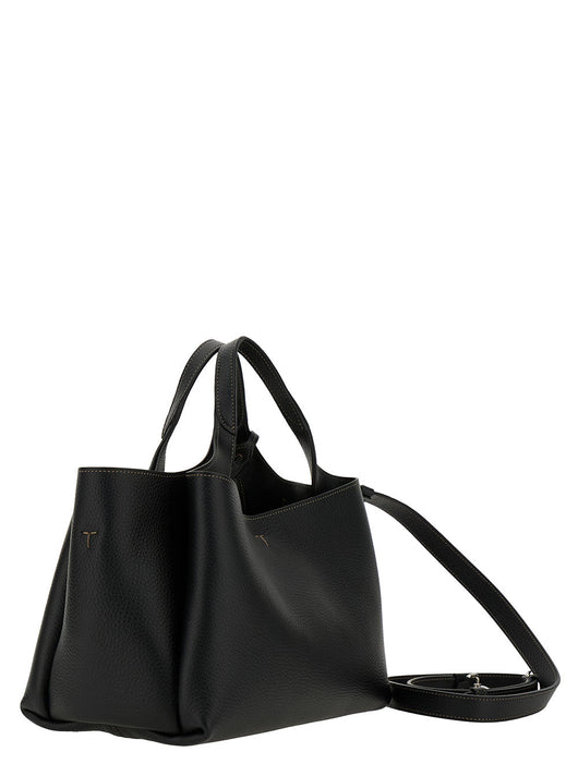 Tod's Women Black Handbag With Embossed Logo And T Timeless Charm In Grainy Leather Woman