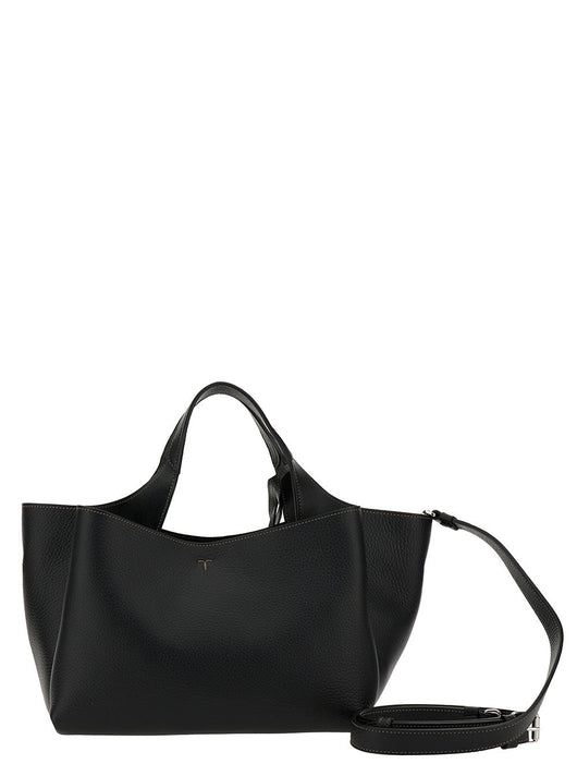 Tod's Women Black Handbag With Embossed Logo And T Timeless Charm In Grainy Leather Woman