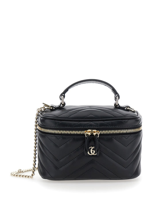 Gucci Women Black Handbag With Chain-Link Shoulder Strap And Gg Plaque On The Front In Leather Woman
