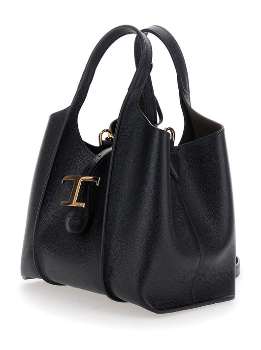 Tod's Women Black Tote Bag With Two Top Handles And Logo Plaque On The Front In Grained Leather Woman
