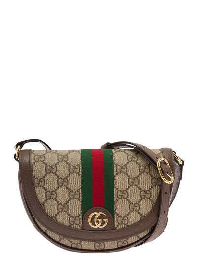 Gucci Women 'Ophidia' Mini Beige And Ebony Crossbody Bag With Web Detail In Gg Supreme Canvas Woman
