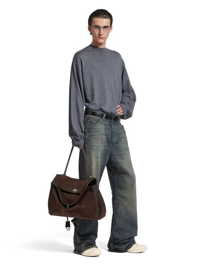 Balenciaga Men 'Rodeo' Brown Large Shoulder Bag With Removable Shoulder Strap In Suede Man
