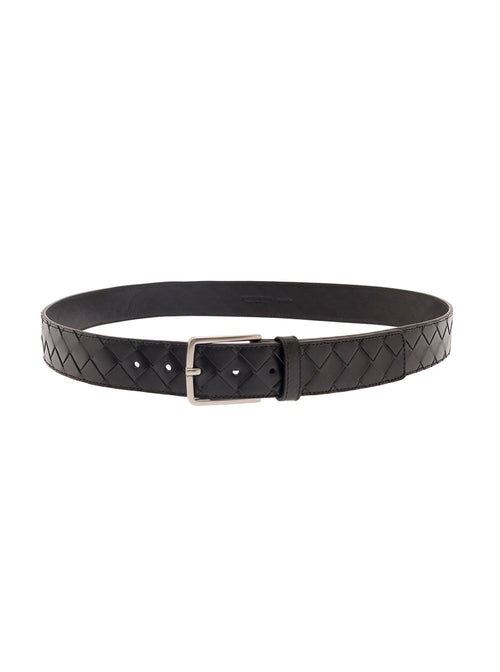 Bottega Veneta Men Black Belt With Silver-Colored Buckle In Intreccio Leather Man