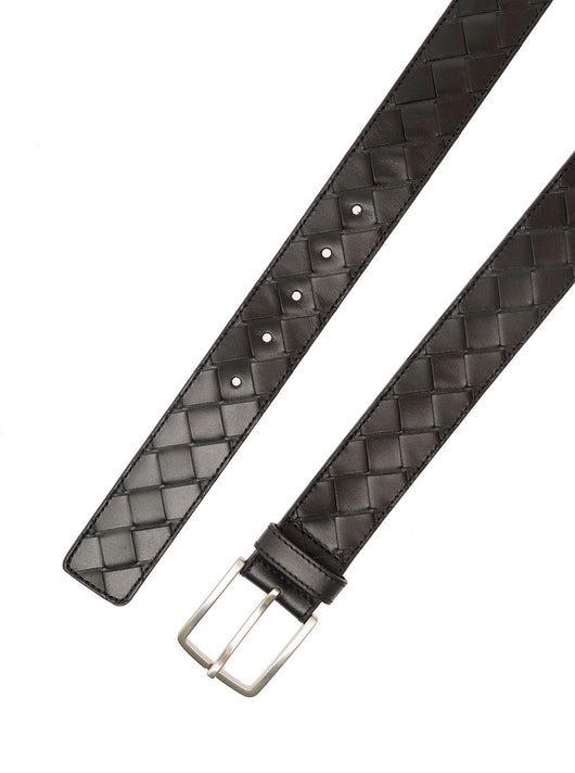 Bottega Veneta Men Black Belt With Silver-Colored Buckle In Intreccio Leather Man