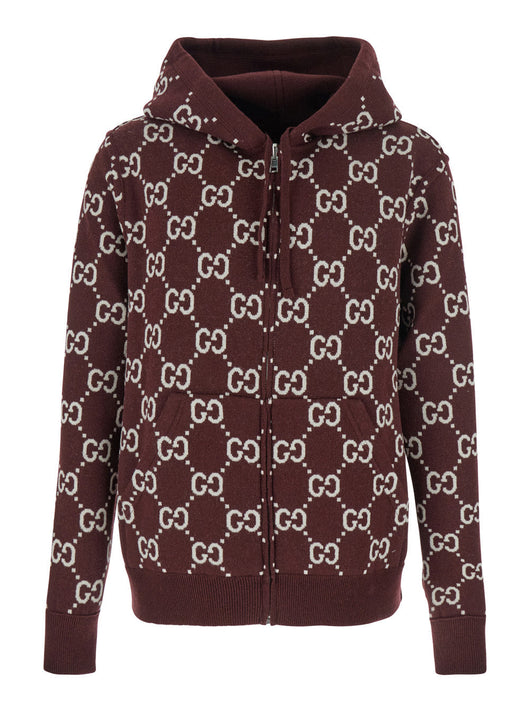 Gucci Men Bordeaux Reversible Cardigan With Drawstring Hood In Wool Man