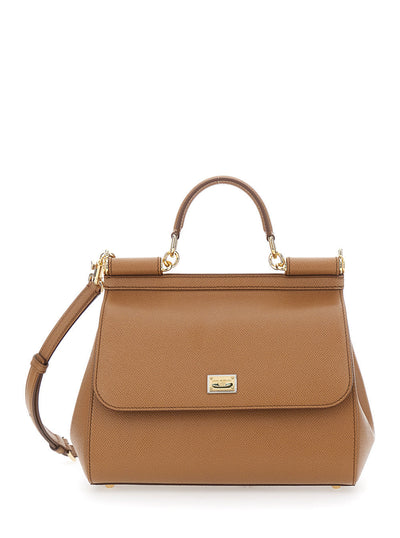 Dolce & Gabbana Women 'Sicily' Beige Medium Handbag With Adjustable And Removable Shoulder Strap And Logo Plaque On The Front In Grained Leather Woman