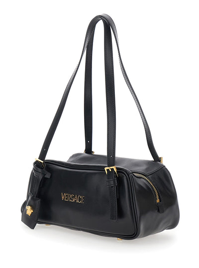 Versace Women 'Tag Bowling' Black Shoulder Bag With Metallic Logo Lettering And Medusa Head Pendant In Leather Woman