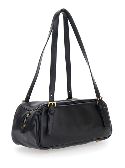 Versace Women 'Tag Bowling' Black Shoulder Bag With Metallic Logo Lettering And Medusa Head Pendant In Leather Woman