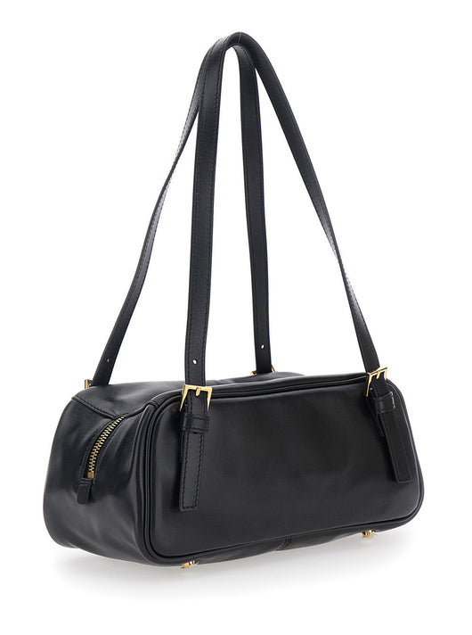 Versace Women 'Tag Bowling' Black Shoulder Bag With Metallic Logo Lettering And Medusa Head Pendant In Leather Woman