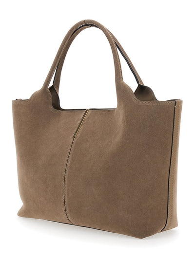 Tod's Women 'Ebr' Beige Tote Bag With Logo Plaque On The Front And Contrasting Stitching In Suede Woman