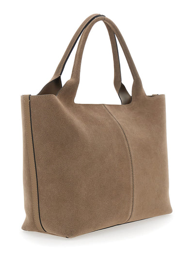Tod's Women 'Ebr' Beige Tote Bag With Logo Plaque On The Front And Contrasting Stitching In Suede Woman
