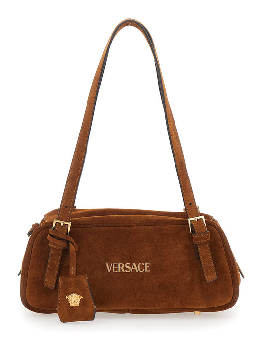 Versace Women 'Tag Bowling' Brown Shoulder Bag With Metallic Logo Lettering And Medusa Head Pendant In Suede Woman