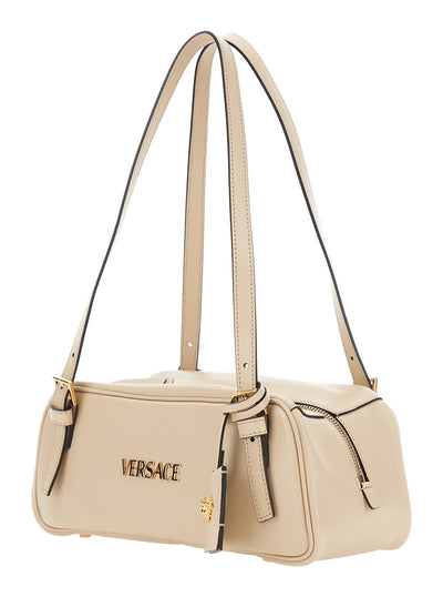 Versace Women 'Tag Bowling' White Shoulder Bag With Metallic Logo Lettering And Medusa Head Pendant In Leather Woman