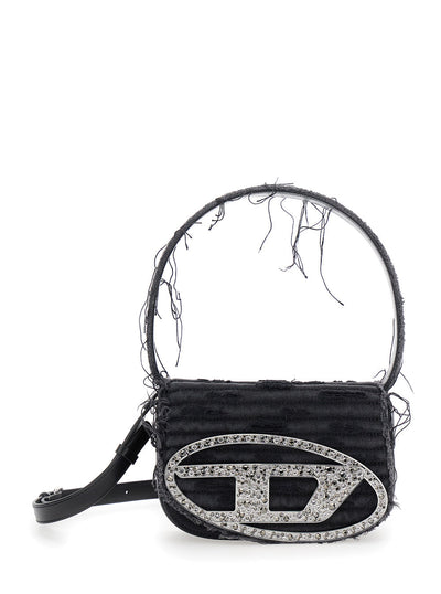 Diesel Women '1Dr' Black Shoulder Bag With Oval D Plaque With Rhinestones And Fringed Edges In Cotton And Leather Blend Woman