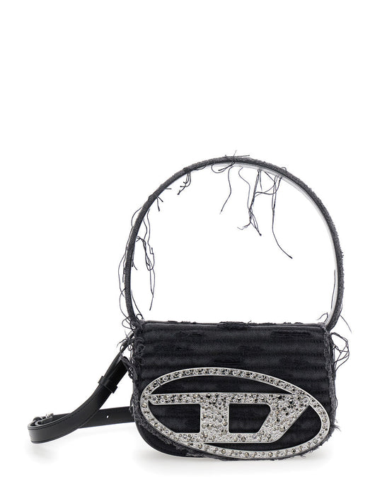 Diesel Women '1Dr' Black Shoulder Bag With Oval D Plaque With Rhinestones And Fringed Edges In Cotton And Leather Blend Woman