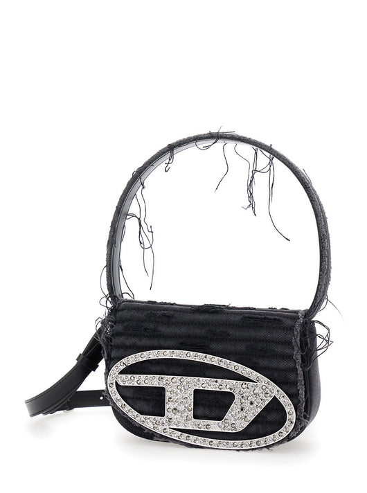 Diesel Women '1Dr' Black Shoulder Bag With Oval D Plaque With Rhinestones And Fringed Edges In Cotton And Leather Blend Woman
