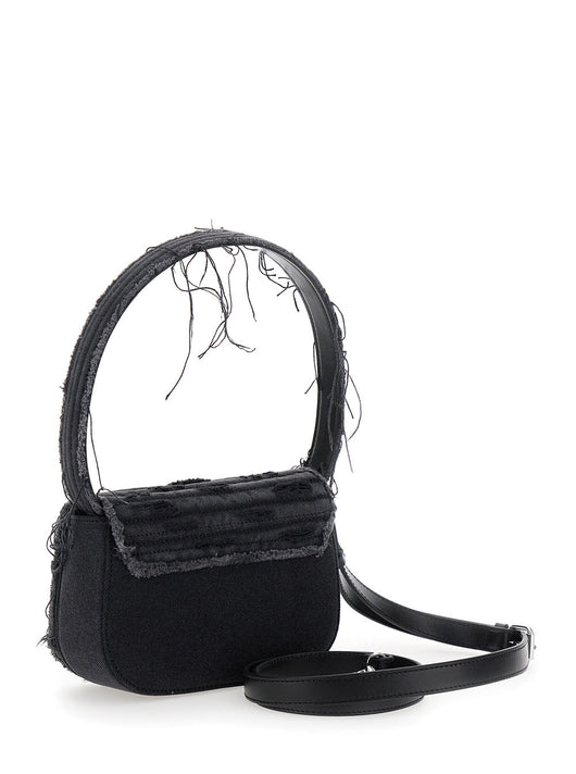 Diesel Women '1Dr' Black Shoulder Bag With Oval D Plaque With Rhinestones And Fringed Edges In Cotton And Leather Blend Woman