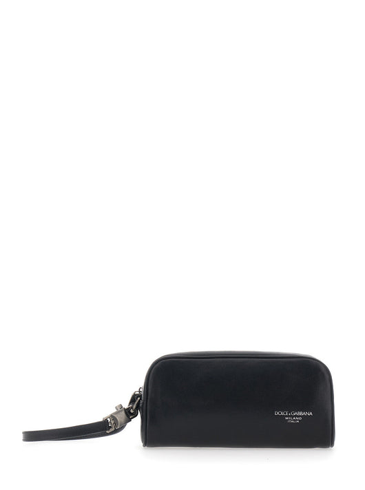 Dolce & Gabbana Men Black Clutch With Wrist Strap And Logo Lettering On The Front In Leather Man