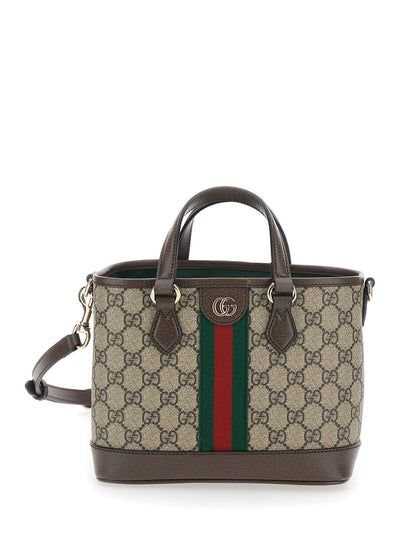 Gucci Women 'Ophidia' Beige Handbag With Adjustable And Removable Shoulder Strap And Web Detail On The Front In Gg Canvas And Leather Woman