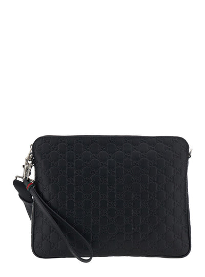 Gucci Men 'Emblem' Black Shoulder Bag With Adjustable And Removable Shoulder Strap And All-Over Embossed Gg Motif In Leather Man
