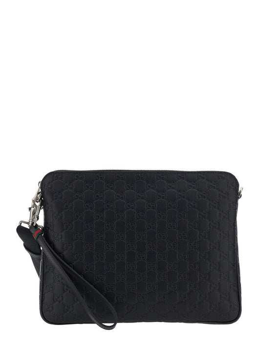 Gucci Men 'Emblem' Black Shoulder Bag With Adjustable And Removable Shoulder Strap And All-Over Embossed Gg Motif In Leather Man