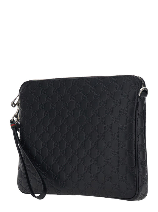 Gucci Men 'Emblem' Black Shoulder Bag With Adjustable And Removable Shoulder Strap And All-Over Embossed Gg Motif In Leather Man