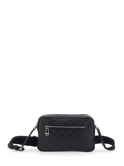 Gucci Men 'Emblem' Black Crossbody Bag With Adjustable Shoulder Strap And All-Over Embossed Gg Motif In Leather Man