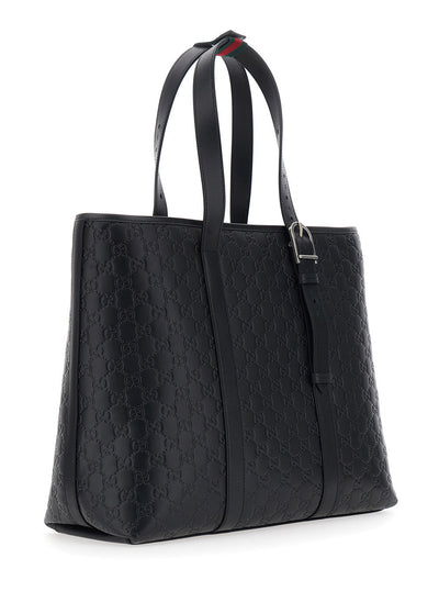 Gucci Men 'Emblem' Black Tote Bag With All-Over Embossed Gg Motif In Leather Man