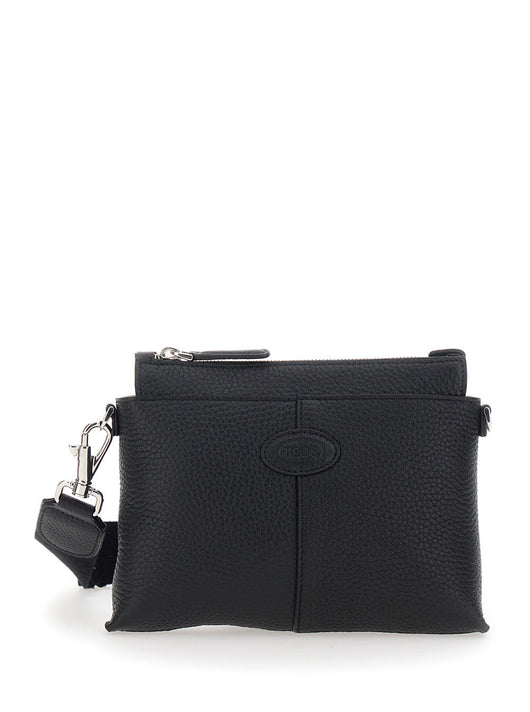 Tod's Men Black Clutch With Removable Shoulder Strap And Embossed Logo On The Front In Grained Leather Man