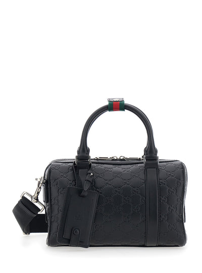 Gucci Men 'Emblem' Black Handbag With All-Over Embossed Gg Motif And Web Detail In Leather Man