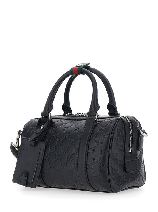 Gucci Men 'Emblem' Black Handbag With All-Over Embossed Gg Motif And Web Detail In Leather Man