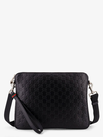 Gucci Men Leather Gg Emblem Crossbody Bag With Embossed Gg Motif