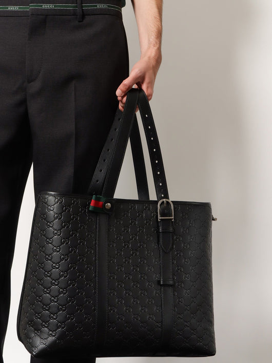 Gucci Men Gg Emblem Leather Shopping Bag With Embossed Gg Motif